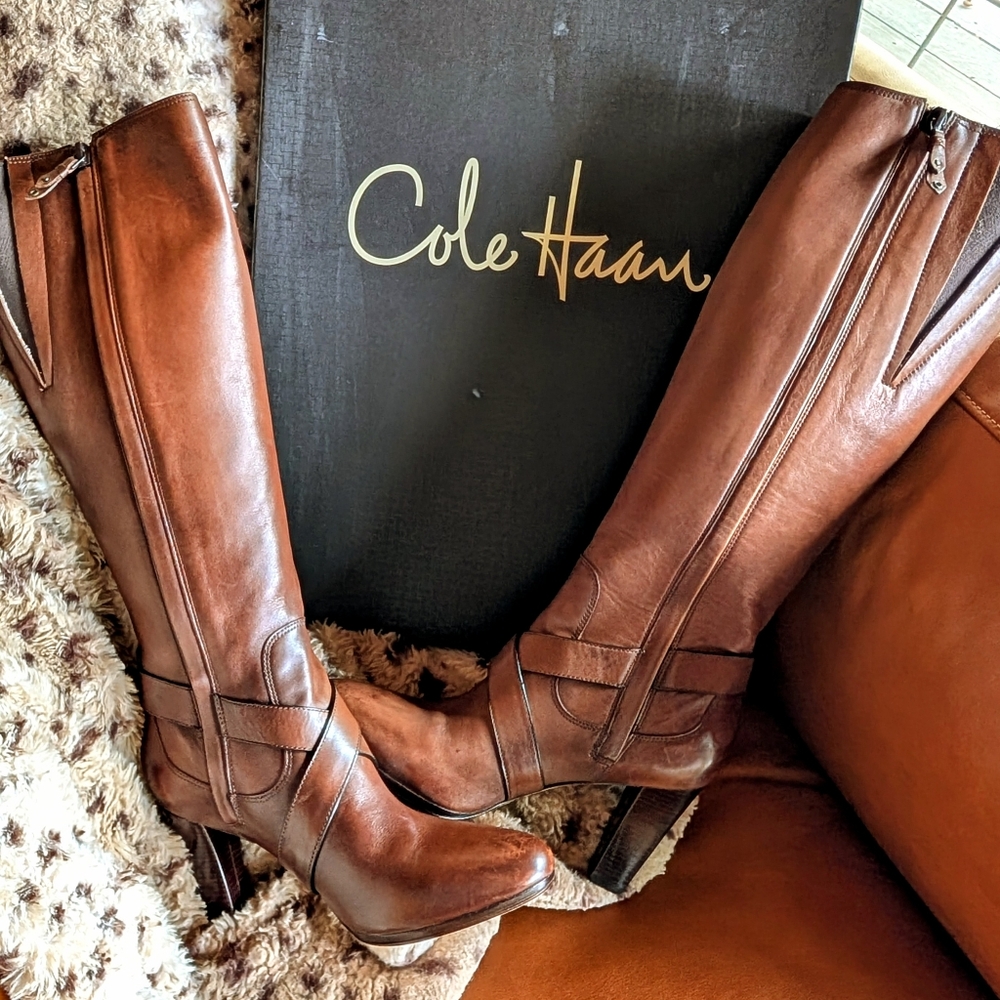 COLE HAAN - Courtney Air Tall High-Heeled Leather Boots - Brown - NIB - Picture 6 of 15